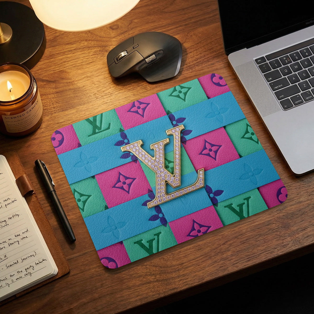 Mousepad with gold LV logo on a colorful monogram pattern.