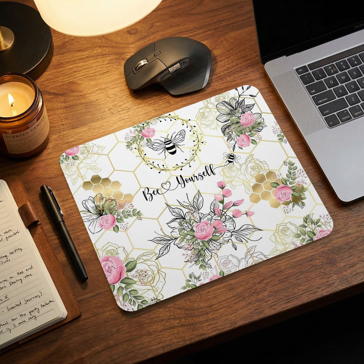 Mousepad with bee and floral design and "Bee Yourself" text.