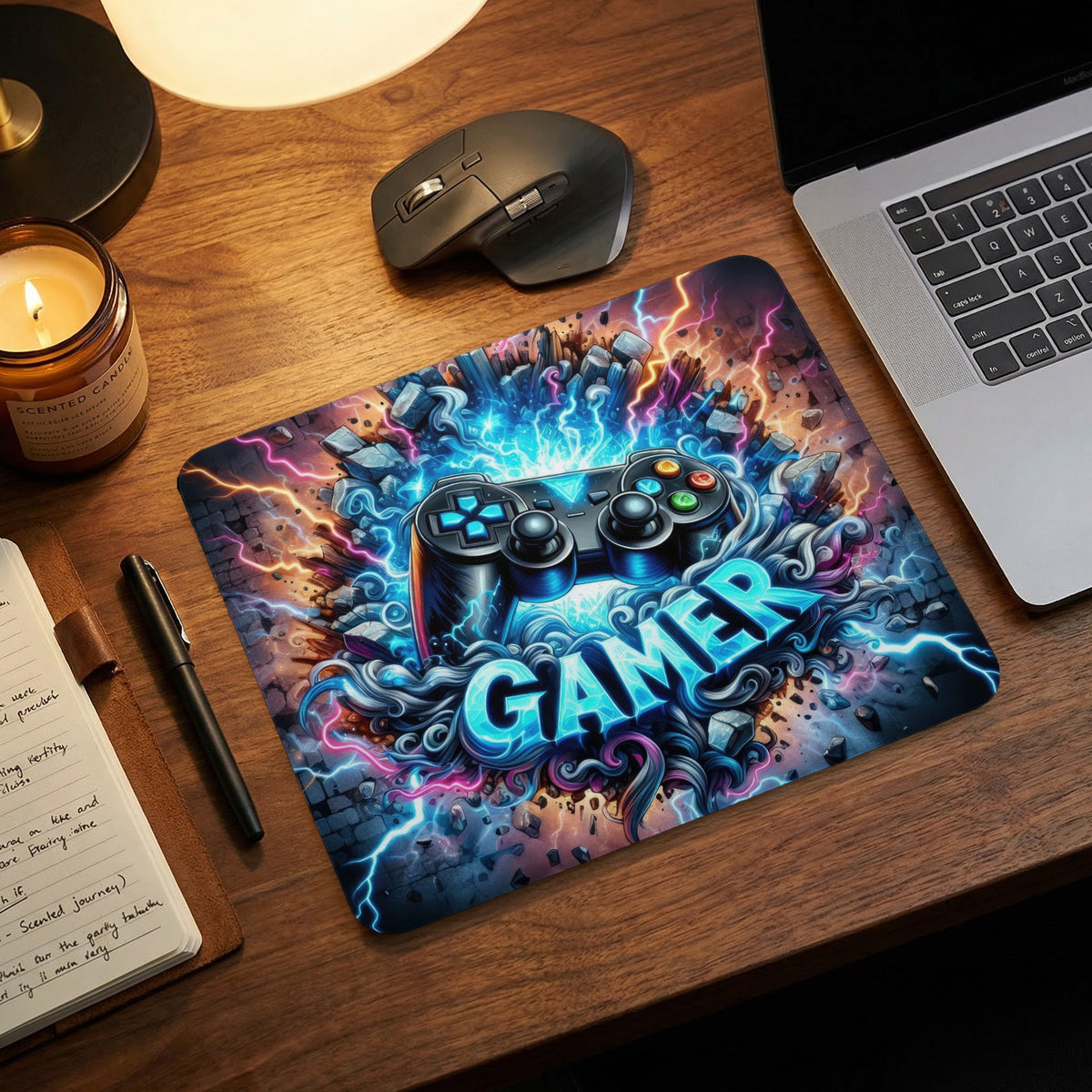 Gaming mouse pad featuring a vibrant controller graphic and the word gamer, displayed on a wooden desk.
