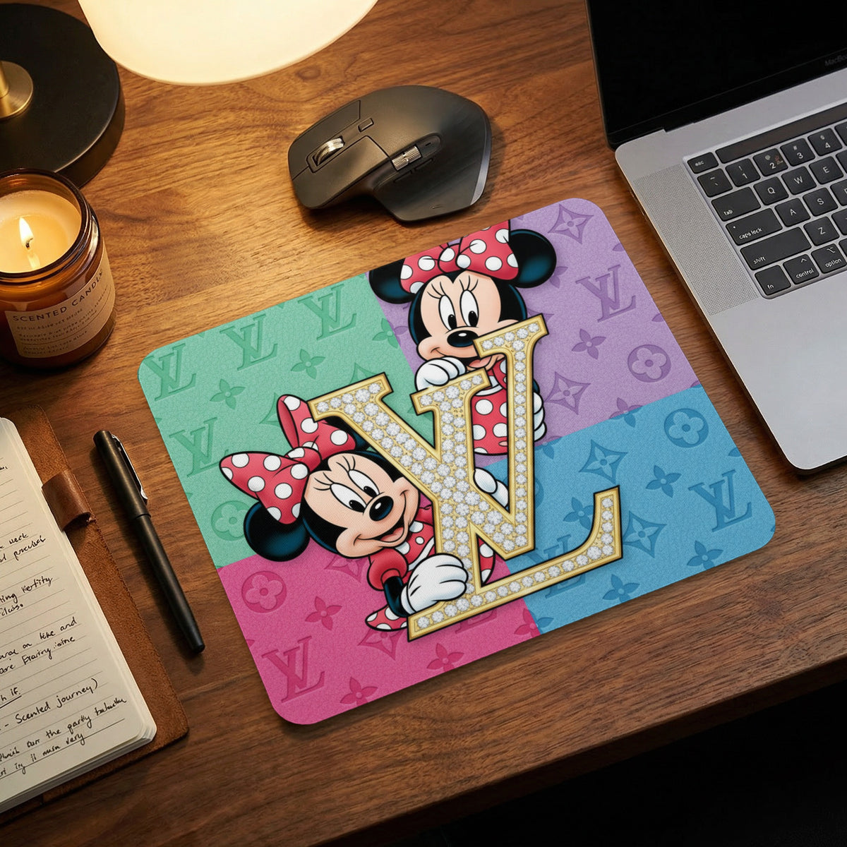 Minnie Mouse peeking from behind diamond-encrusted letters on a pastel LV monogram mousepad.