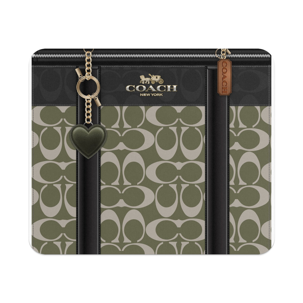 Coach wallet with green signature C pattern, gold hardware, and heart charm.