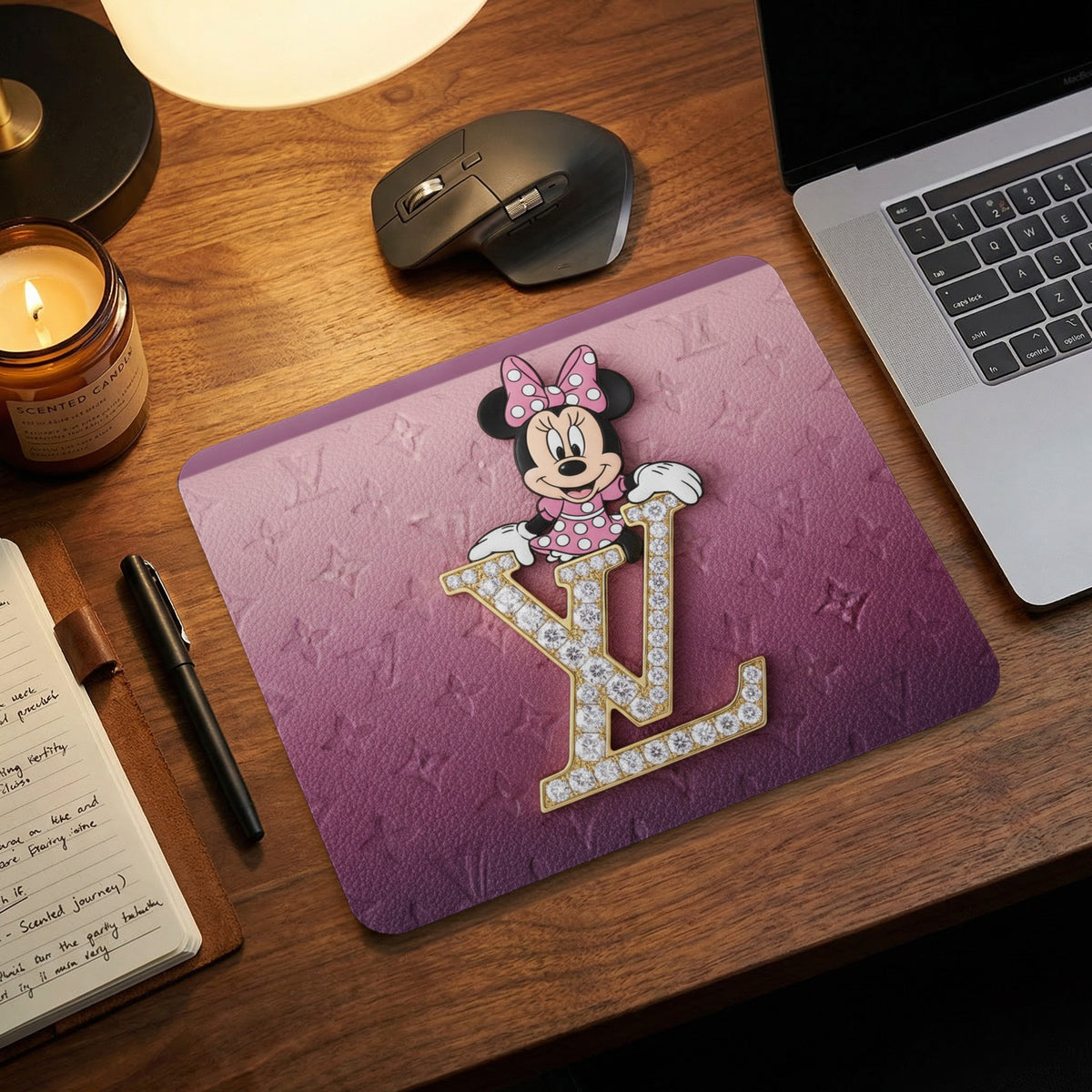 Minnie Mouse on diamond-encrusted LV logo mousepad with gradient purple background.