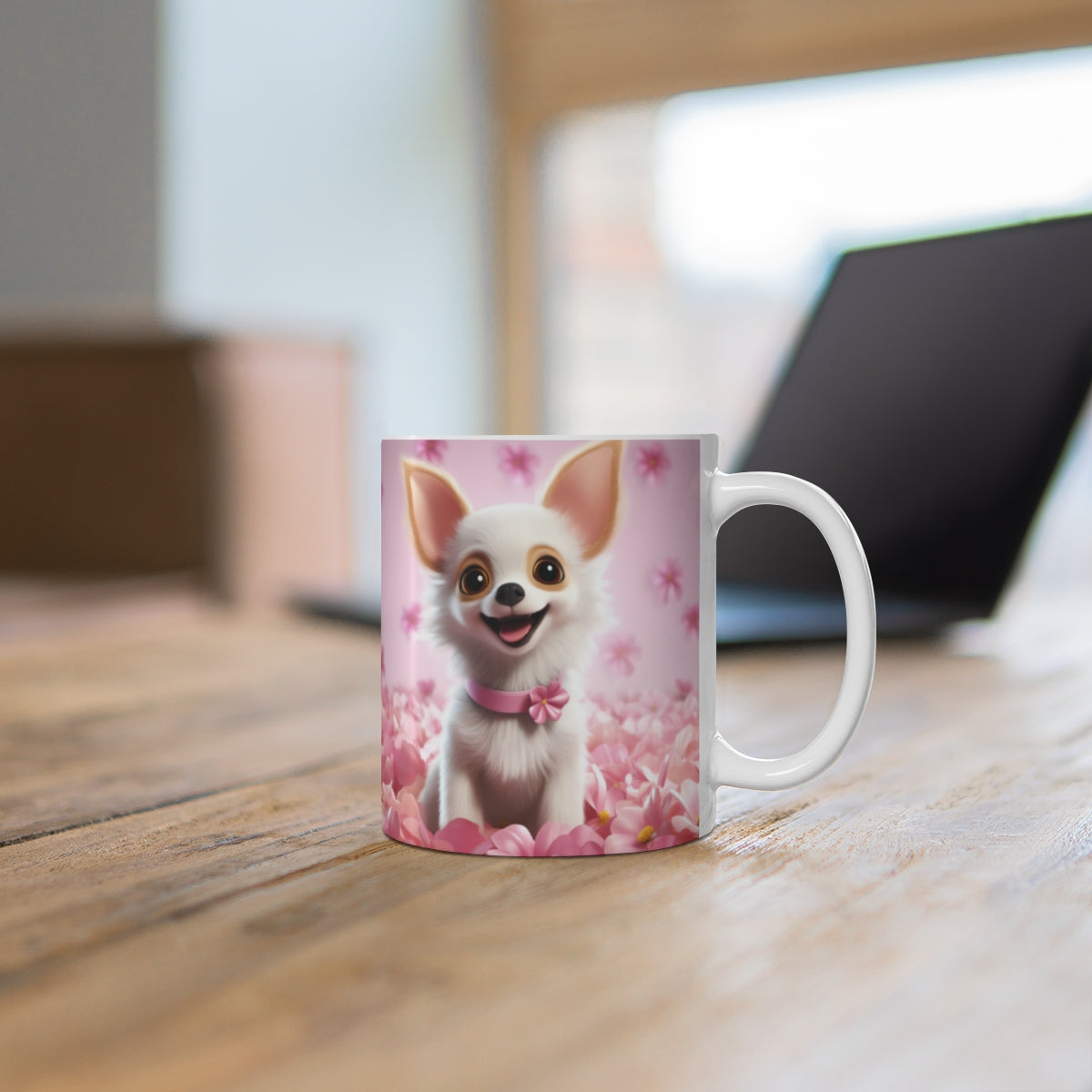 Adorable Puppy Surrounded by Pink Flowers Coffee Mug