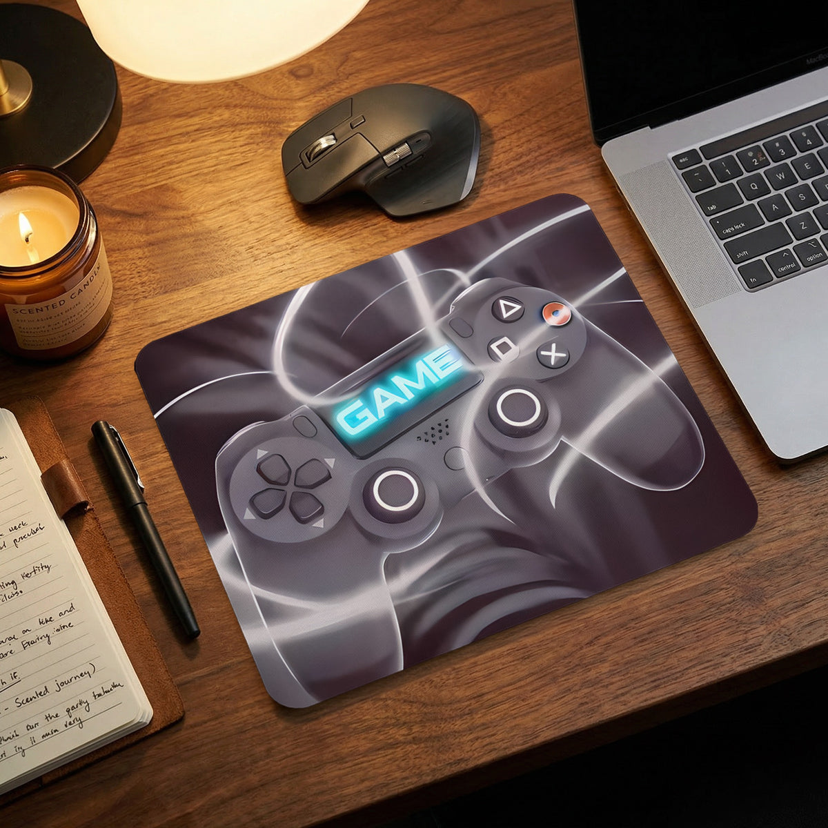 Rectangular mousepad featuring a video game controller design on a wooden desk with a laptop and mouse.