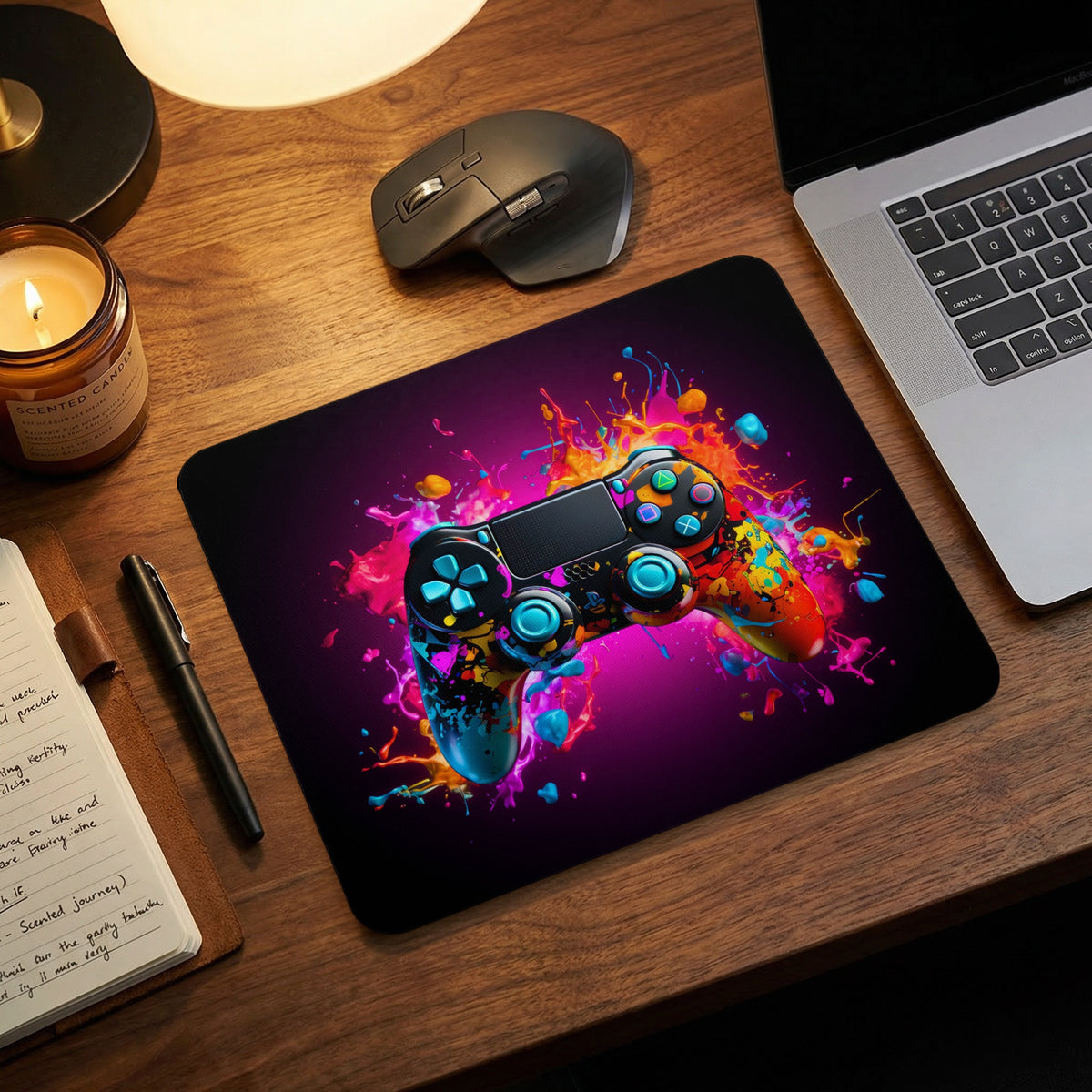 A black mousepad with a colorful, splattered video game controller design on a wooden desk.