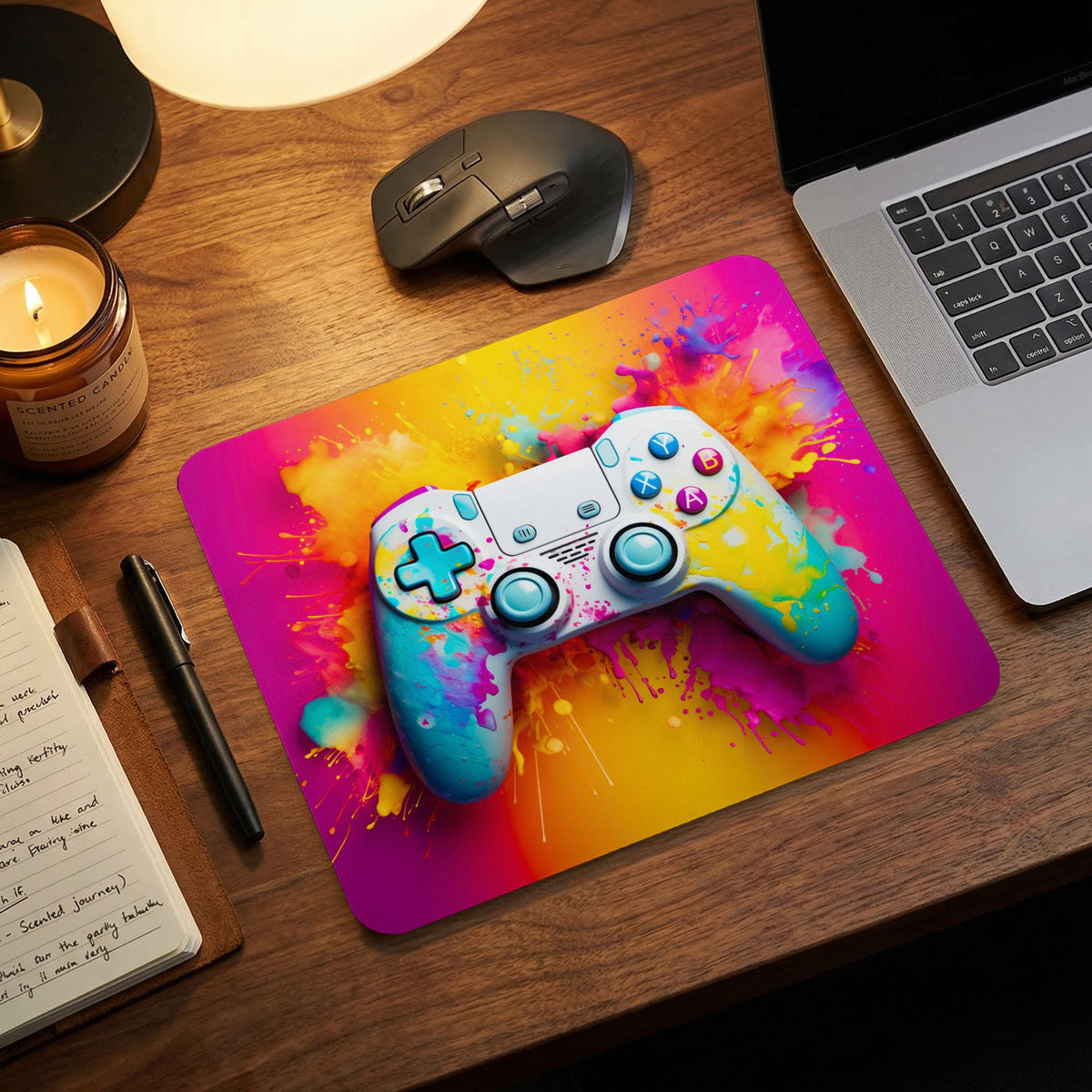 Rectangular mouse pad featuring a vibrant watercolor paint splatter design and white gaming controller illustration on wooden desk.