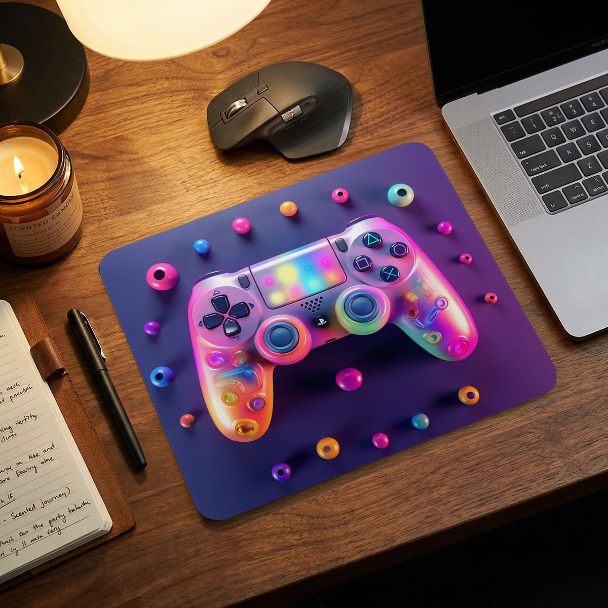An iridescent PlayStation controller resting on a purple desk mat surrounded by colorful beads on a wooden desk.