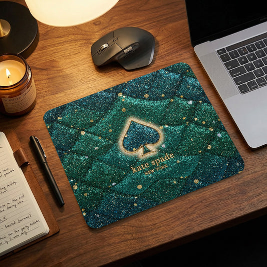 Kate Spade New York spade logo on a teal glitter quilted mousepad.