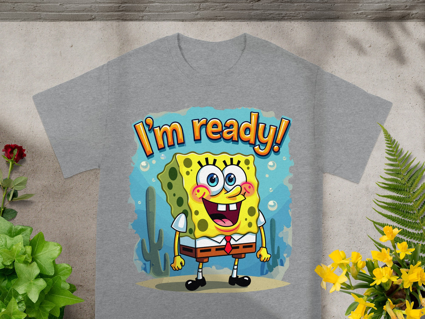 SpongeBob SquarePants t-shirt with "I'm ready!" text and underwater scene.