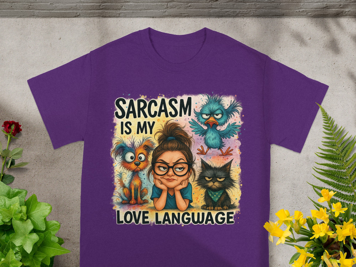 Purple t-shirt with "Sarcasm is my love language" text and cartoon animals.