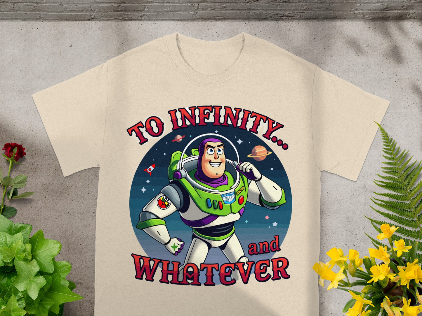Buzz Lightyear graphic t-shirt with text "To Infinity... and Whatever".