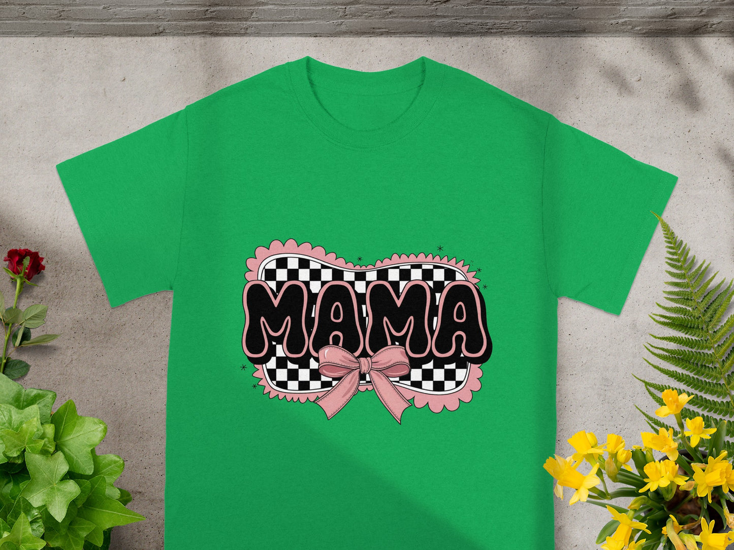 Green Mama Checkerboard Bow Graphic T-Shirt