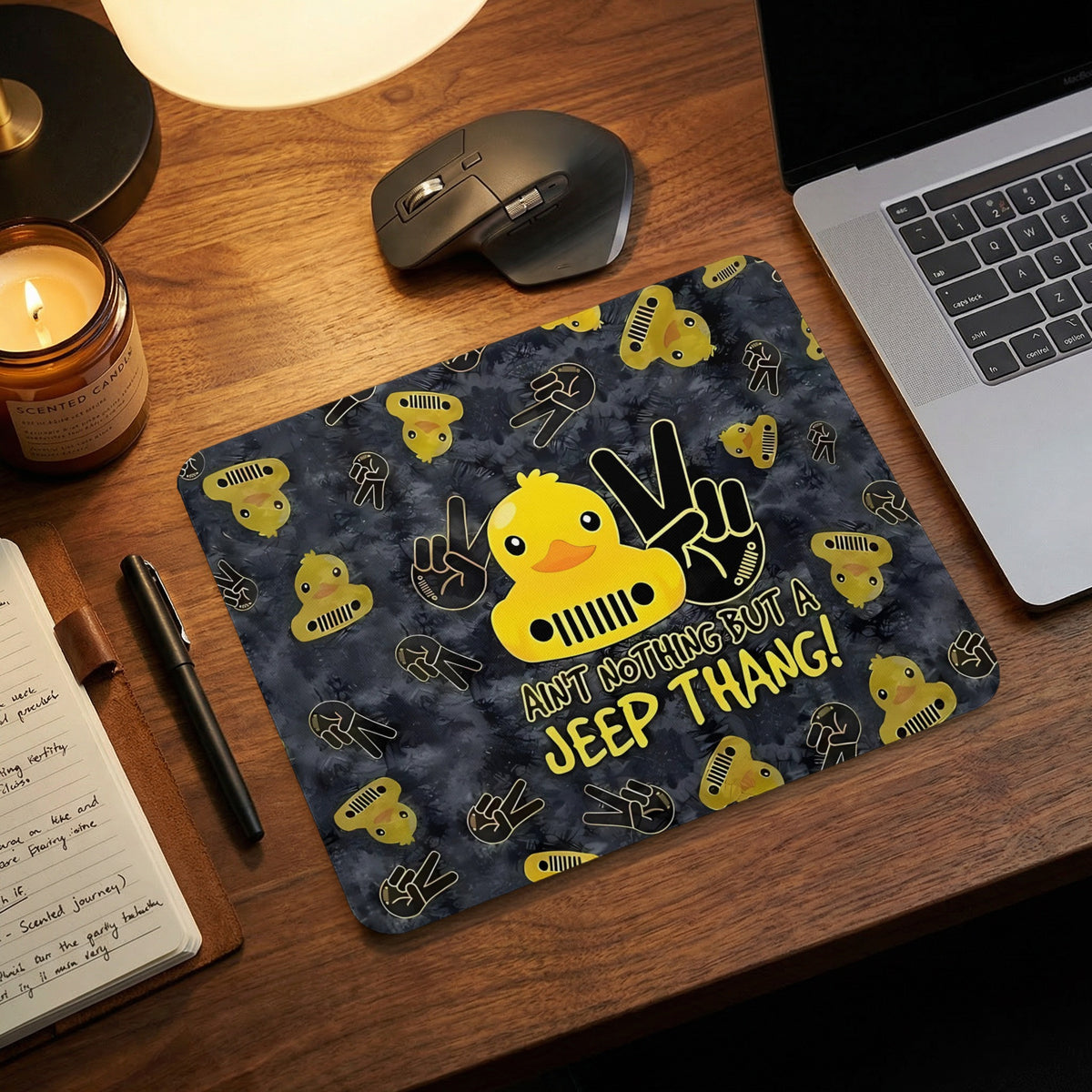A rectangular mouse pad featuring a yellow rubber duck, peace signs, and the text Ain't Nothing But A Jeep Thang.