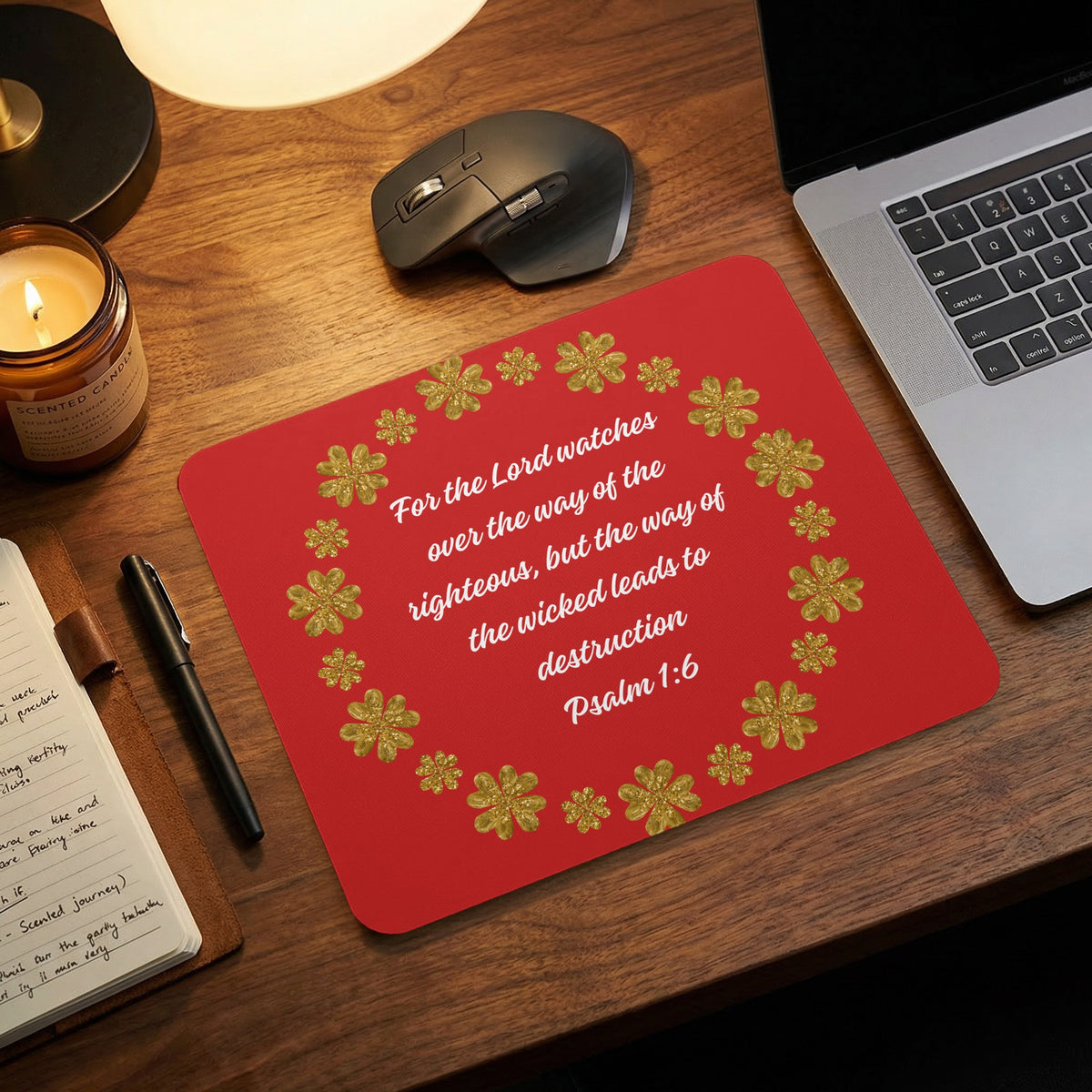 Red rectangular mouse pad featuring a gold floral border and the white text Psalm 1:6.