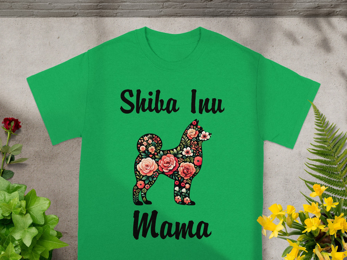 Green t-shirt with "Shiba Inu Mama" text and floral dog silhouette.