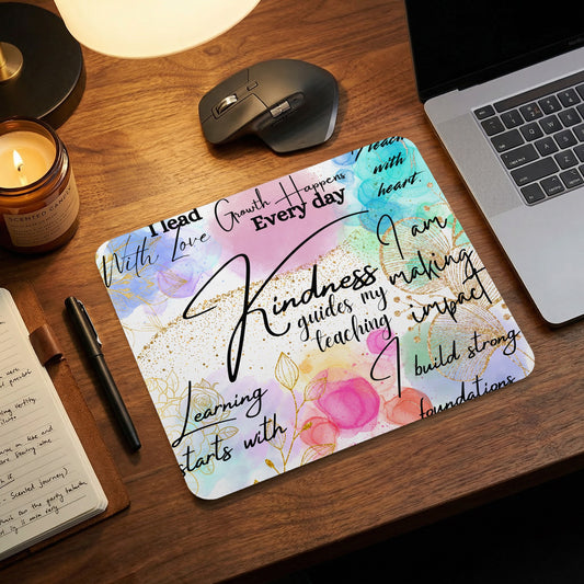 Mousepad with inspirational text about kindness, learning, and teaching.