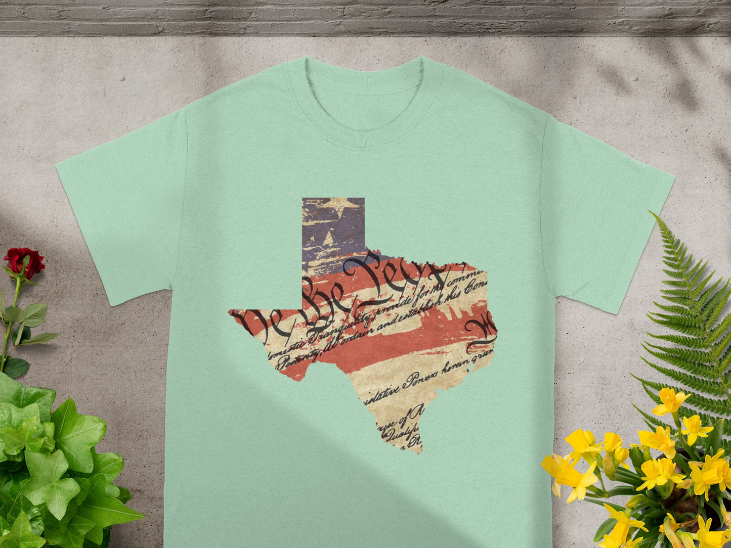 Texas outline t-shirt with US Constitution text and faded flag design.