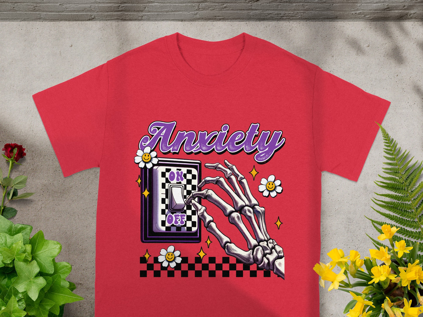Red T-Shirt with Anxiety Graphic and Skeleton Hand Design