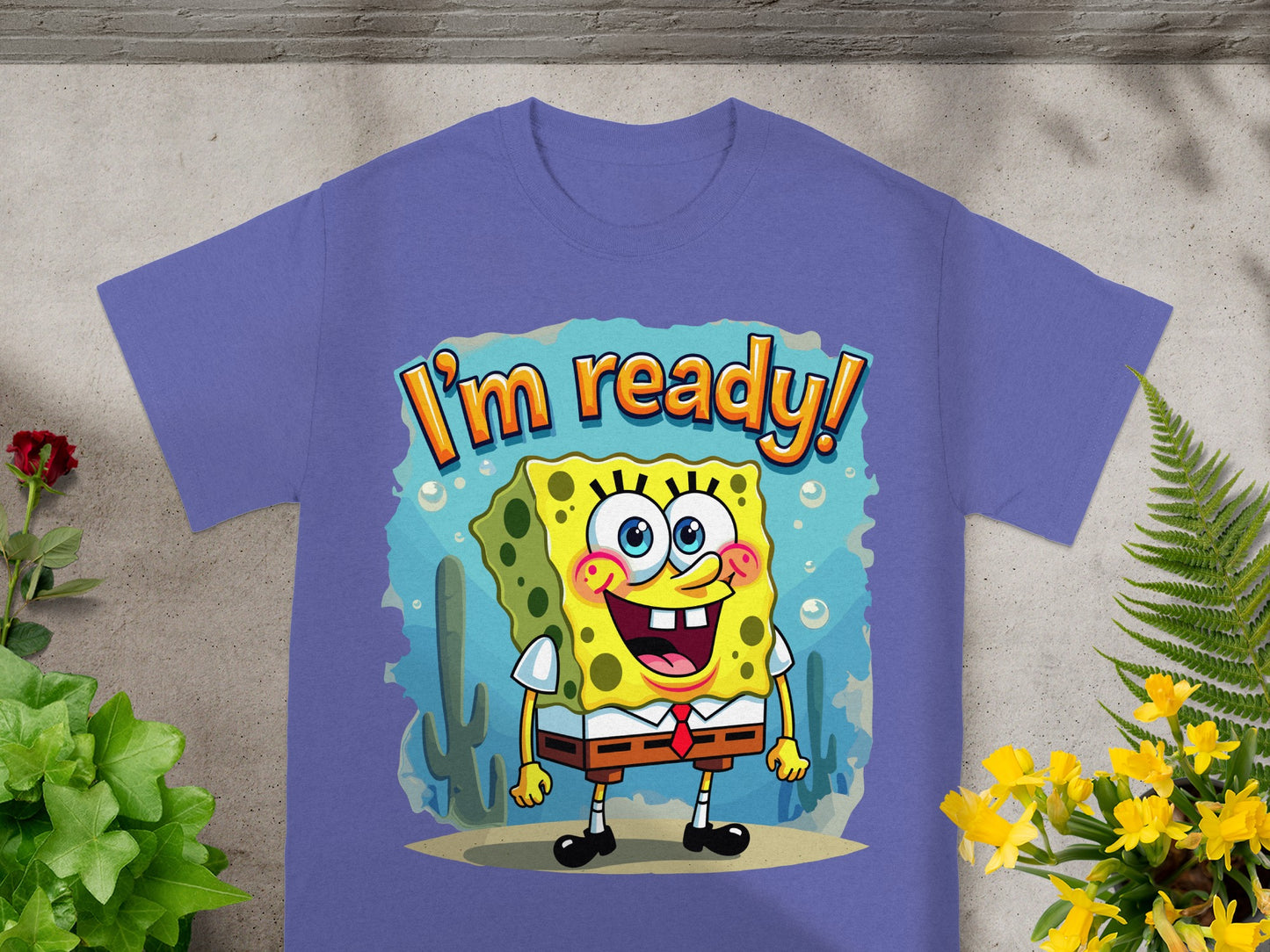 Purple t-shirt featuring Spongebob Squarepants with the text "I'm ready!"