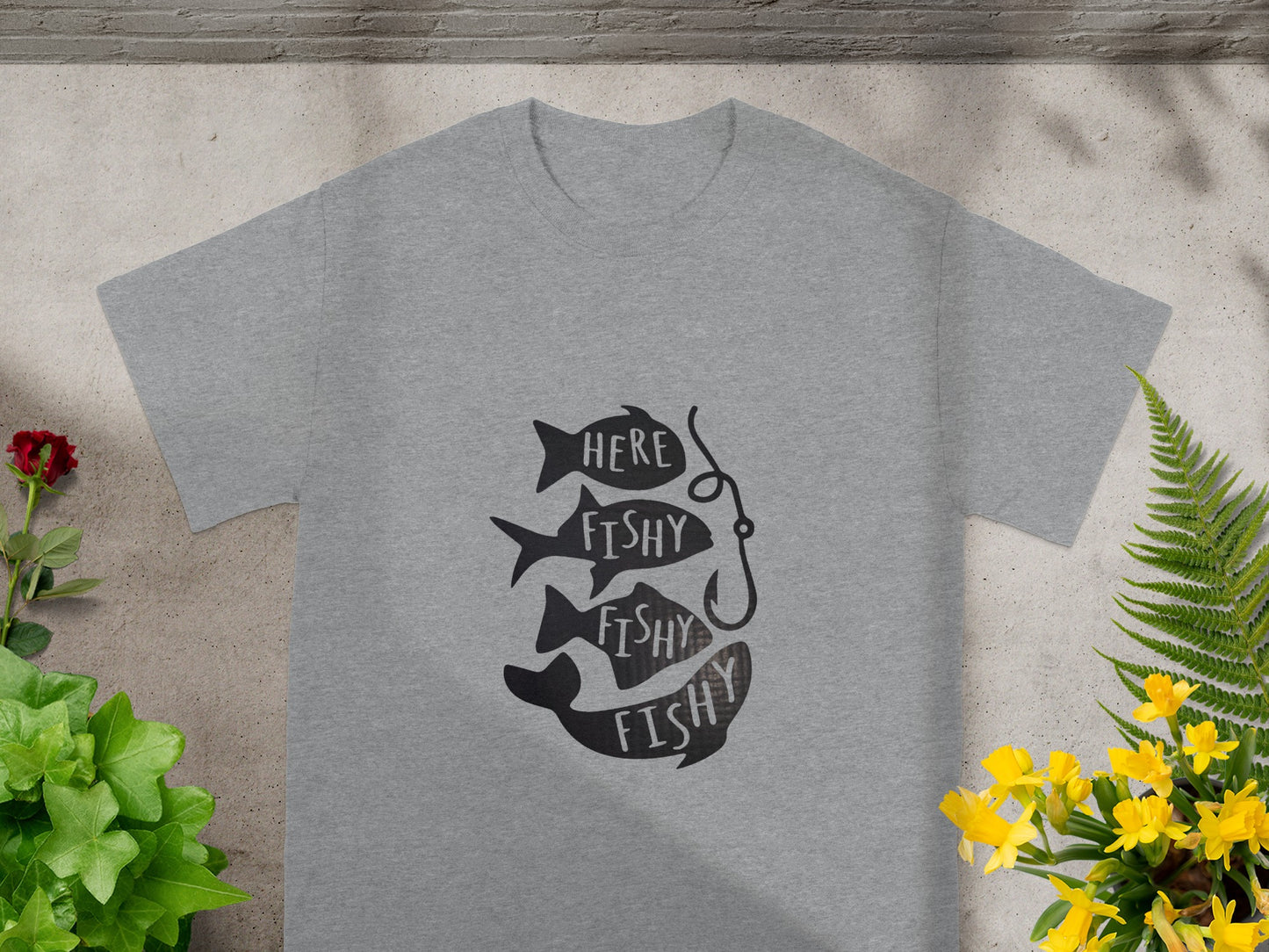 Here Fishy Fishy Fishy Fishing Hook Graphic T-Shirt