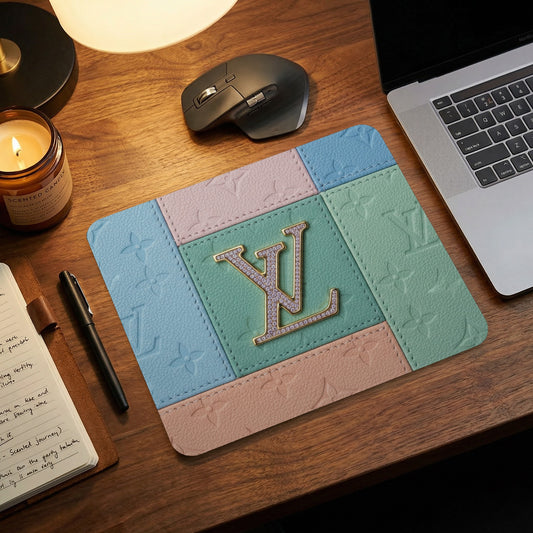 Pastel patchwork mousepad with diamond-encrusted LV logo.