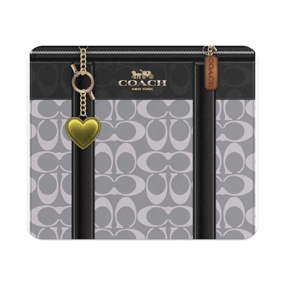Coach patterned wallet with heart and chain detail.