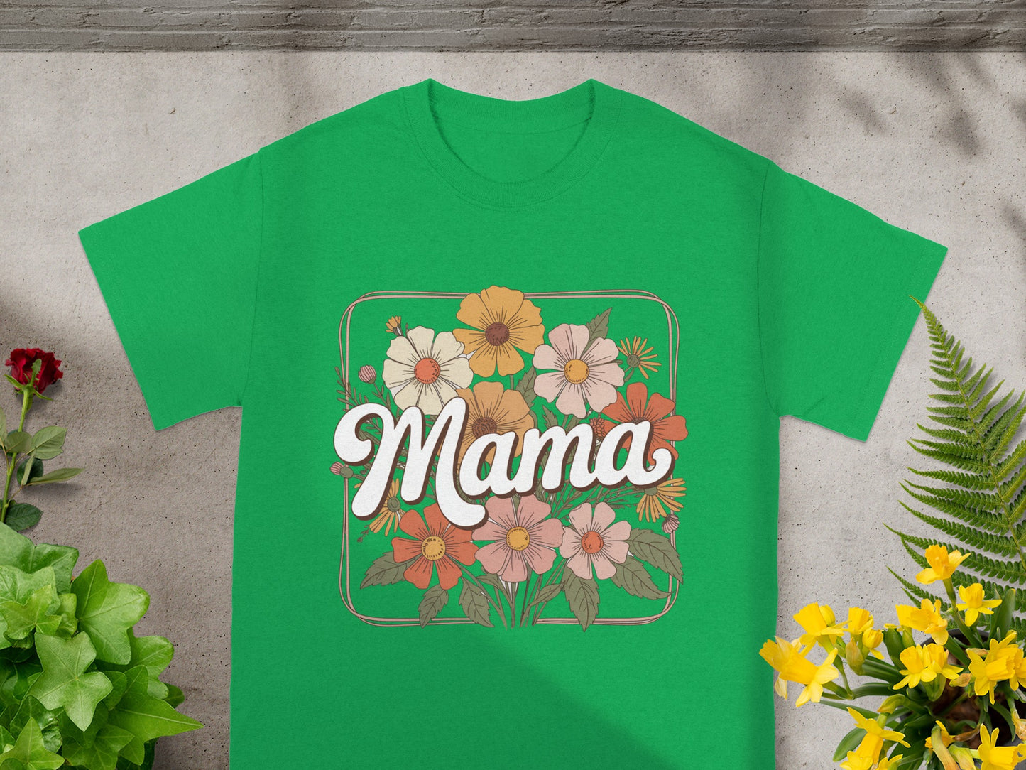 Green T-Shirt with Mama Floral Graphic Design