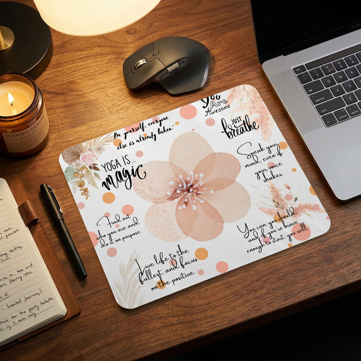 Mousepad with floral design and motivational quotes including "YOGA IS... magic".