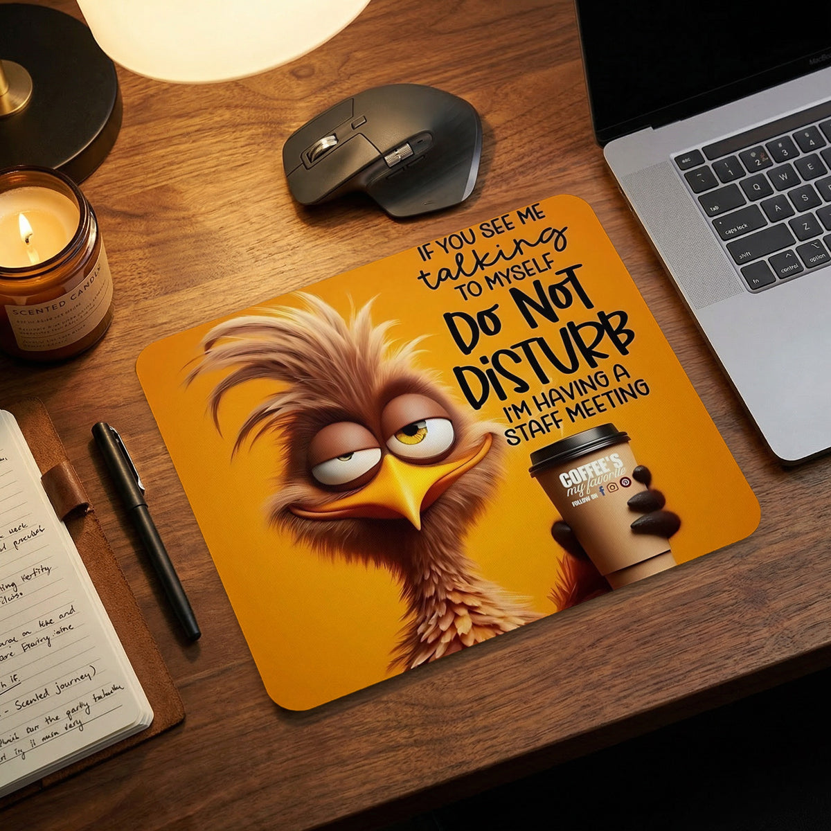 Orange rectangular mouse pad featuring a cartoon bird holding a coffee cup and humorous text.