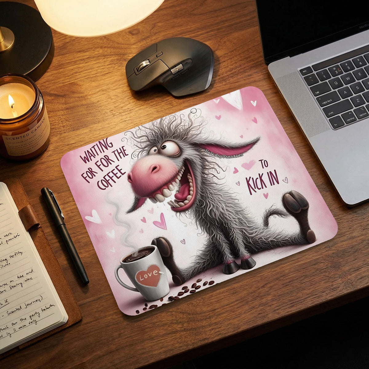 A pink mousepad with a cartoon donkey, a coffee mug, and the text WAITING FOR THE COFFEE TO KICK IN.
