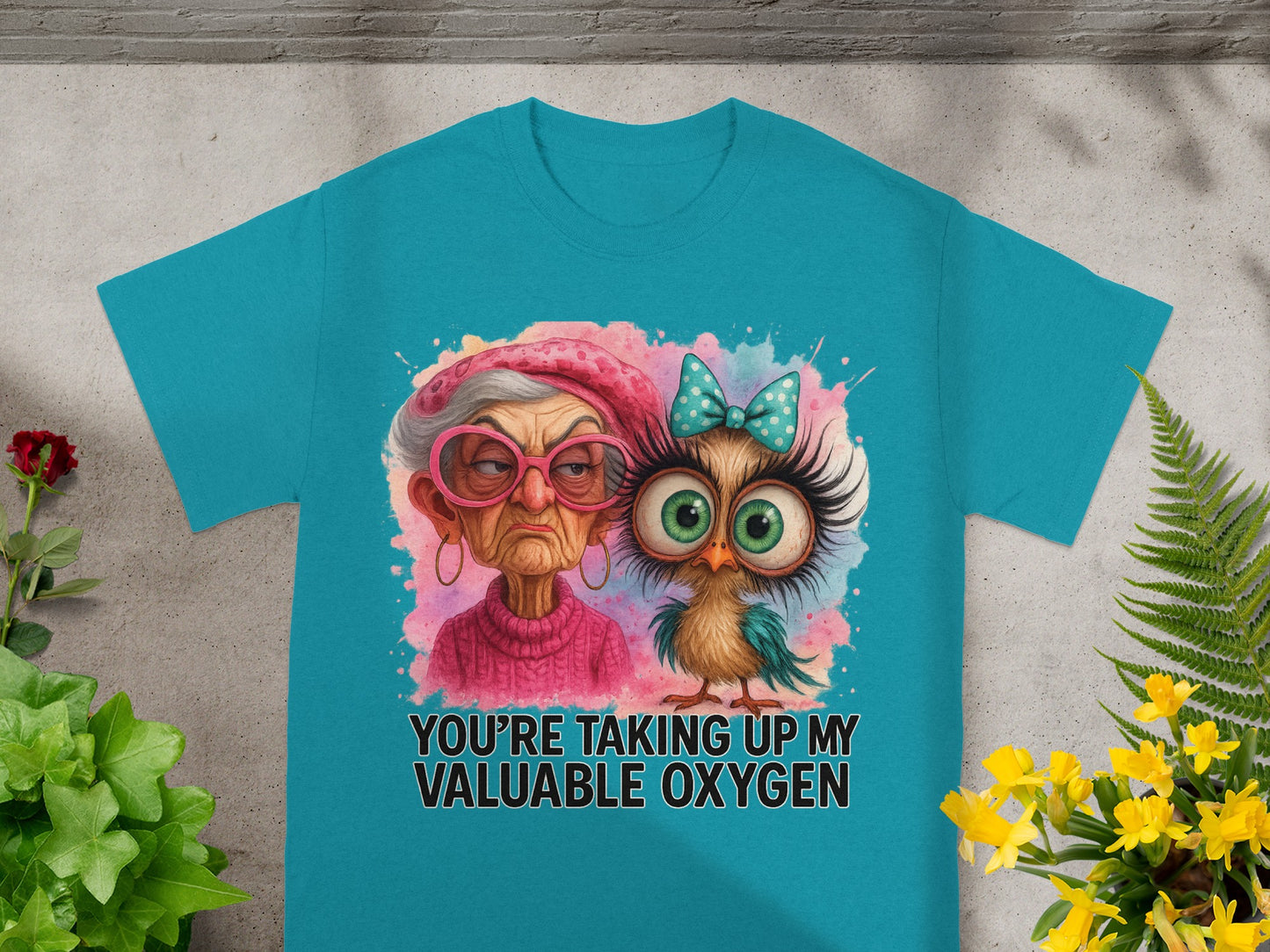 T-shirt with cartoon owl and text "YOU'RE TAKING UP MY VALUABLE OXYGEN".