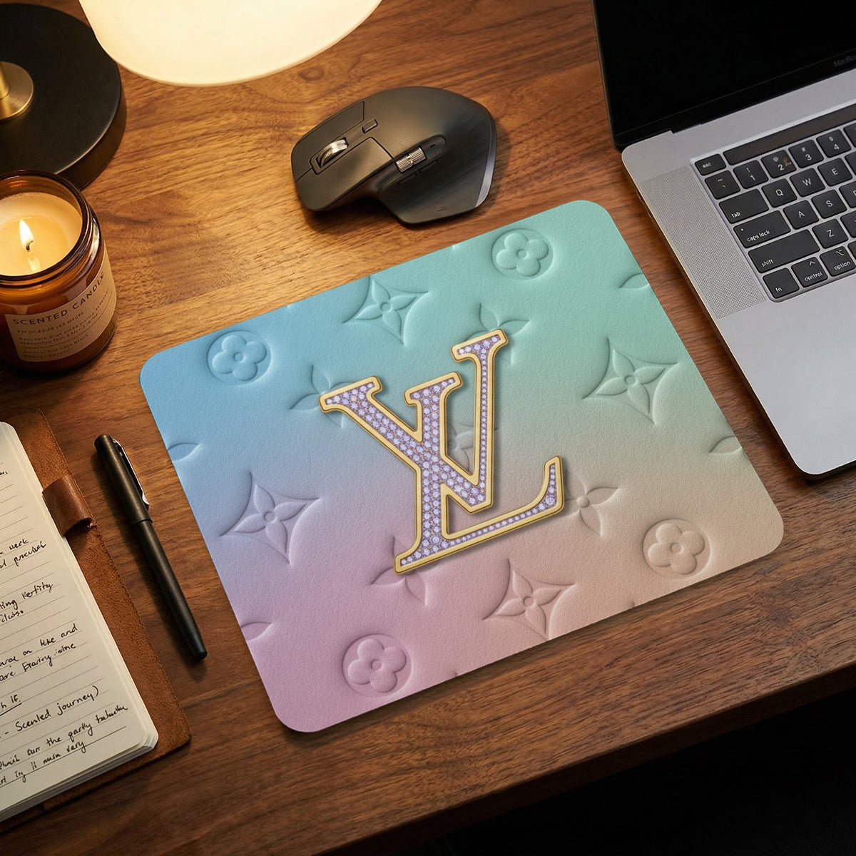 Mousepad with embossed floral pattern and "LV" logo on a gradient background.