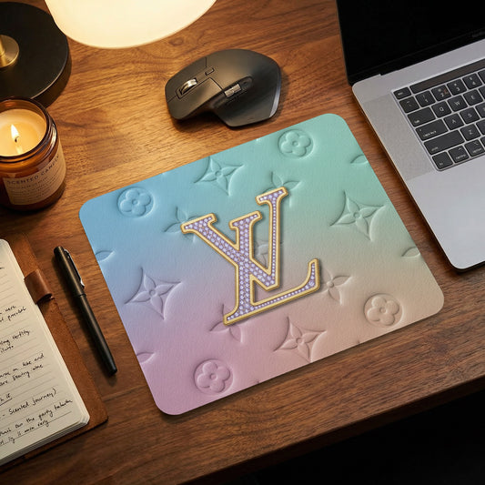 Mousepad with embossed floral pattern and "LV" logo on a gradient background.