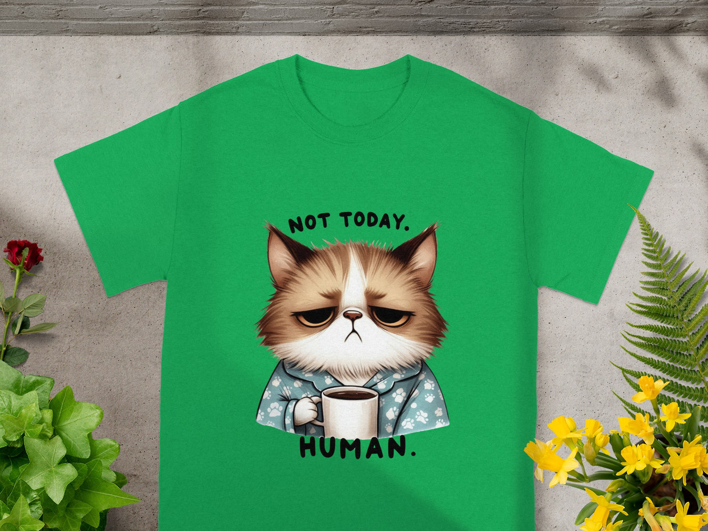 Not Today Human Cat with Coffee Graphic Tee Shirt