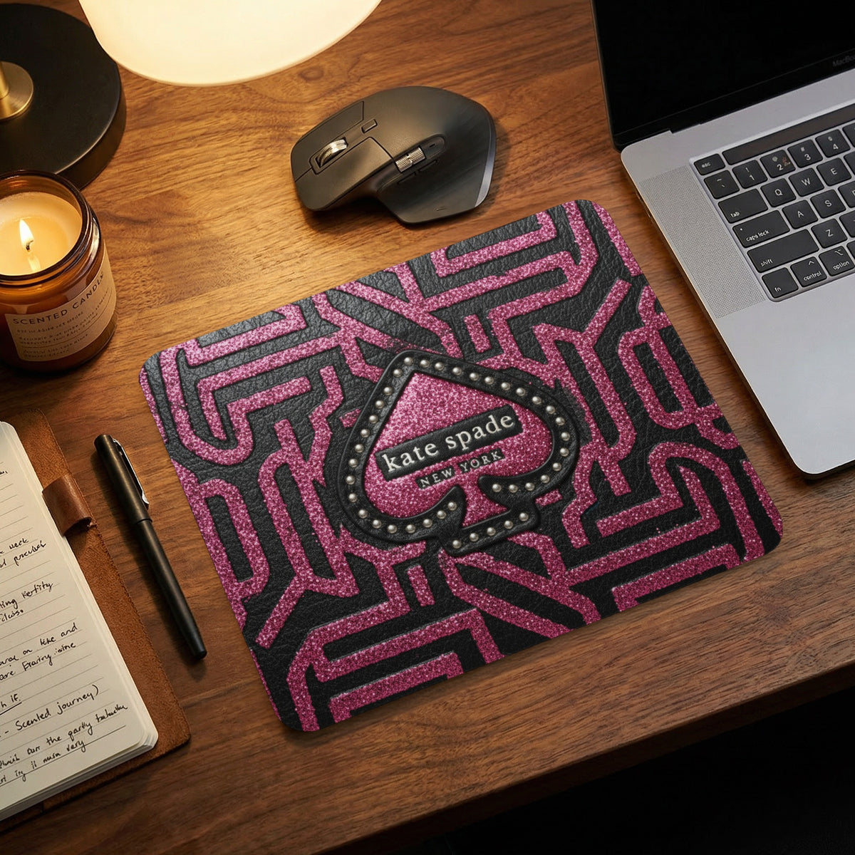 Kate Spade New York mousepad with pink glitter maze pattern.