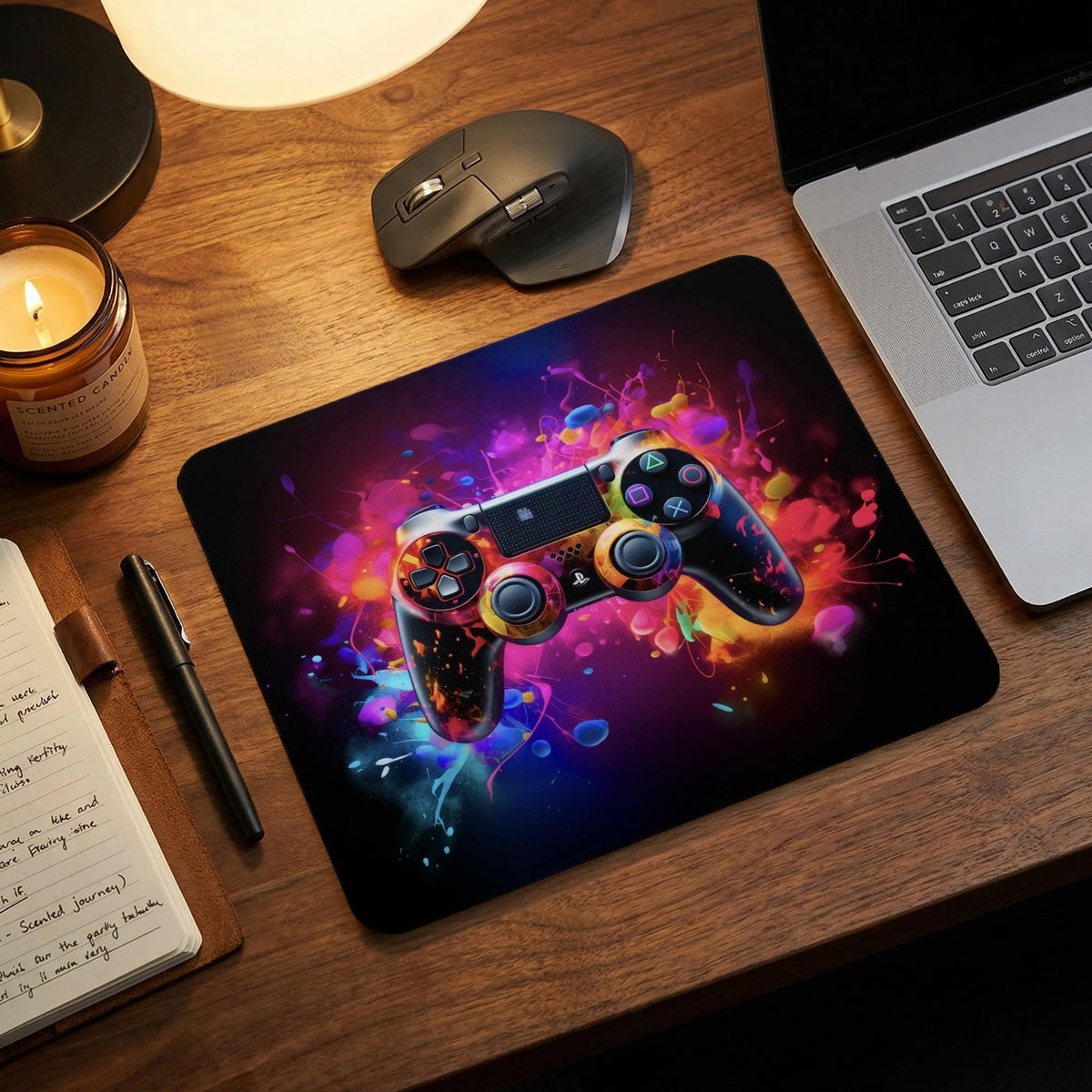 A black mousepad featuring a colorful abstract design of a video game controller on a wooden desk.