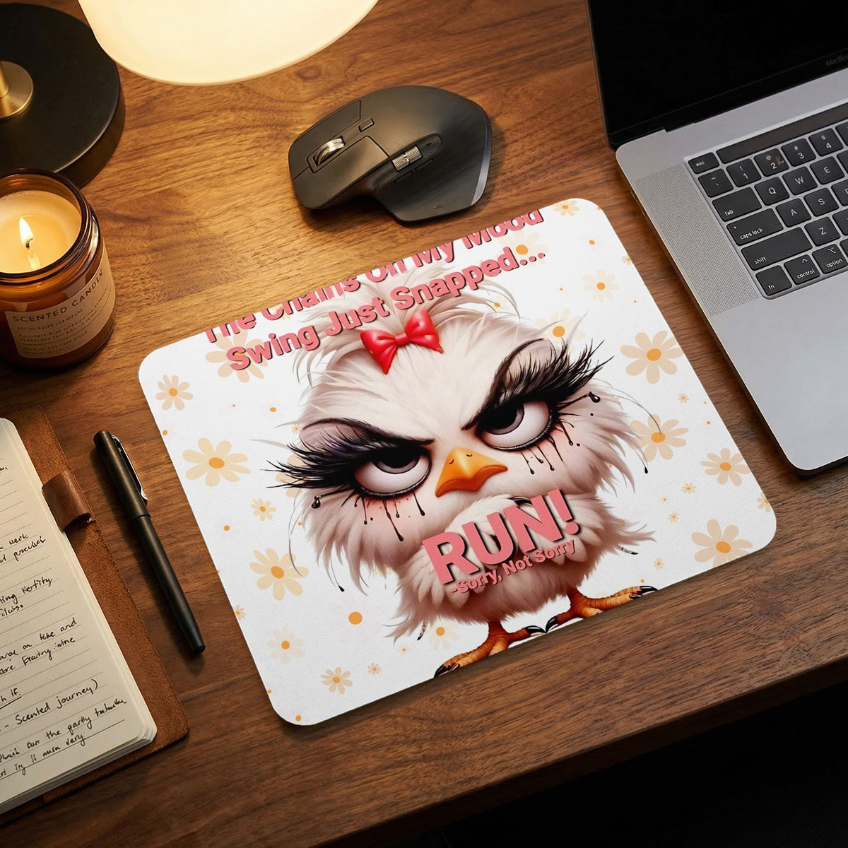 A rectangular mousepad featuring an angry cartoon chick with long eyelashes, a red bow, and text.