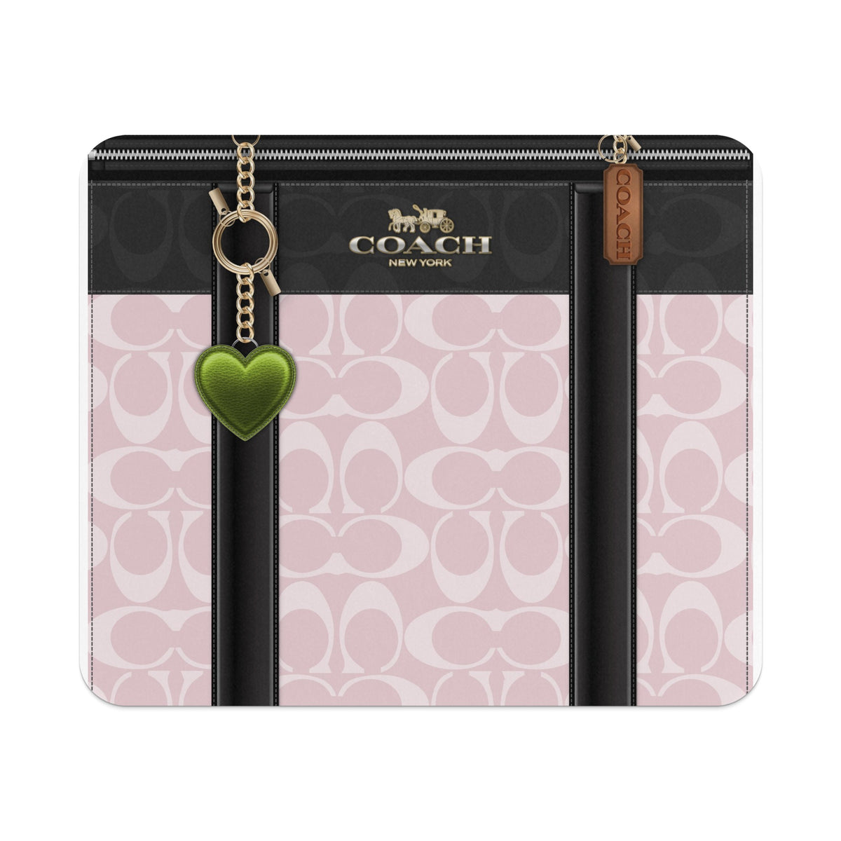 Coach pattern pink wallet with green heart charm and gold chain.