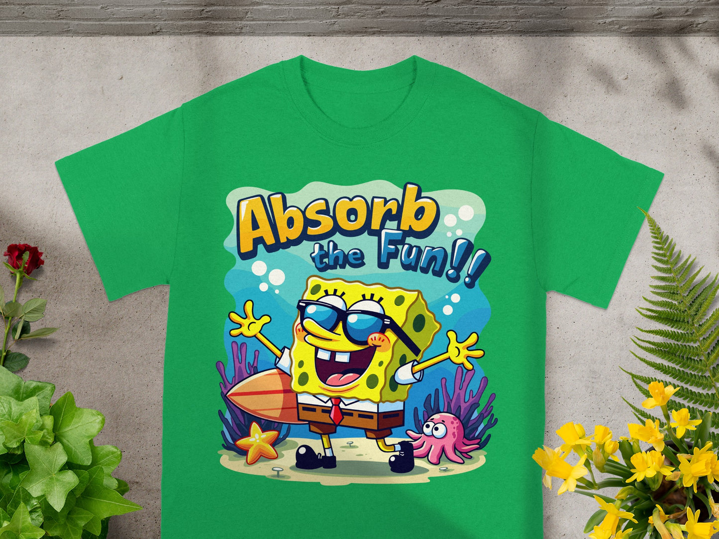 SpongeBob SquarePants on a green t-shirt with the text "Absorb the Fun!!".