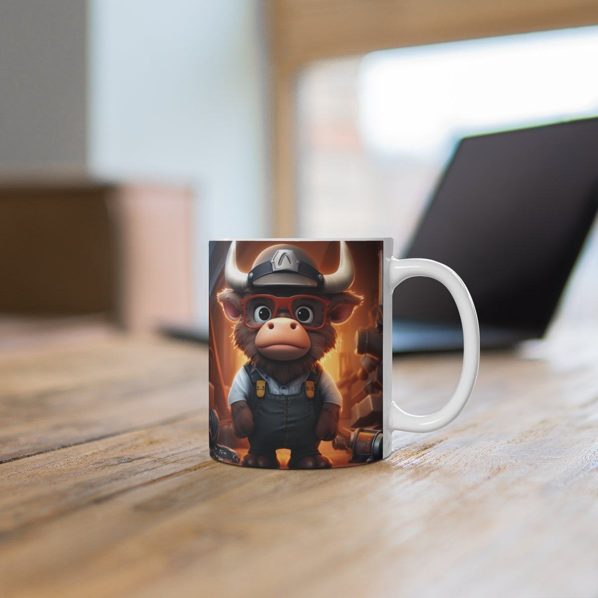 Adorable Cartoon Bull in Overalls Mug Design