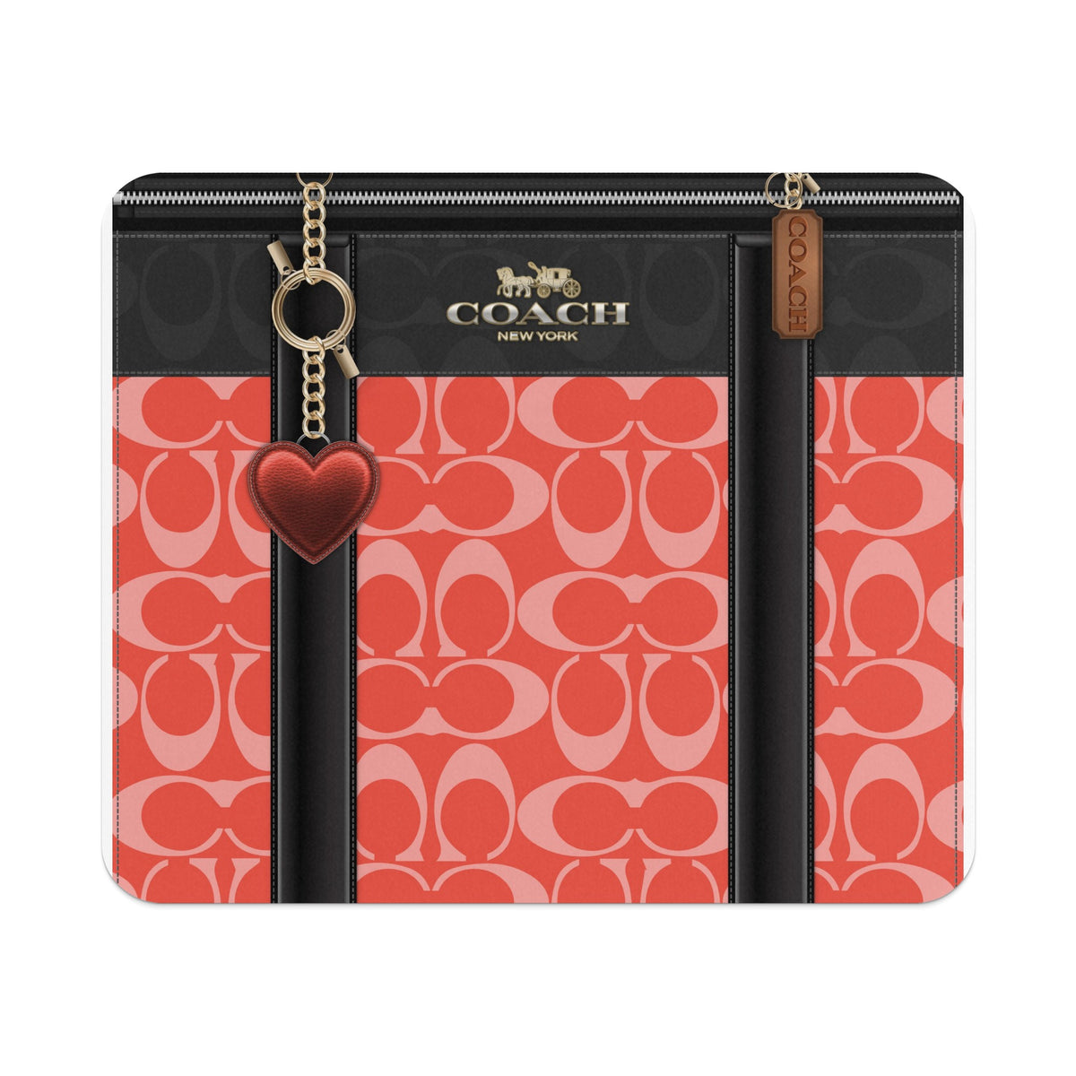 Coach wallet with signature pattern, red heart charm, and gold hardware.