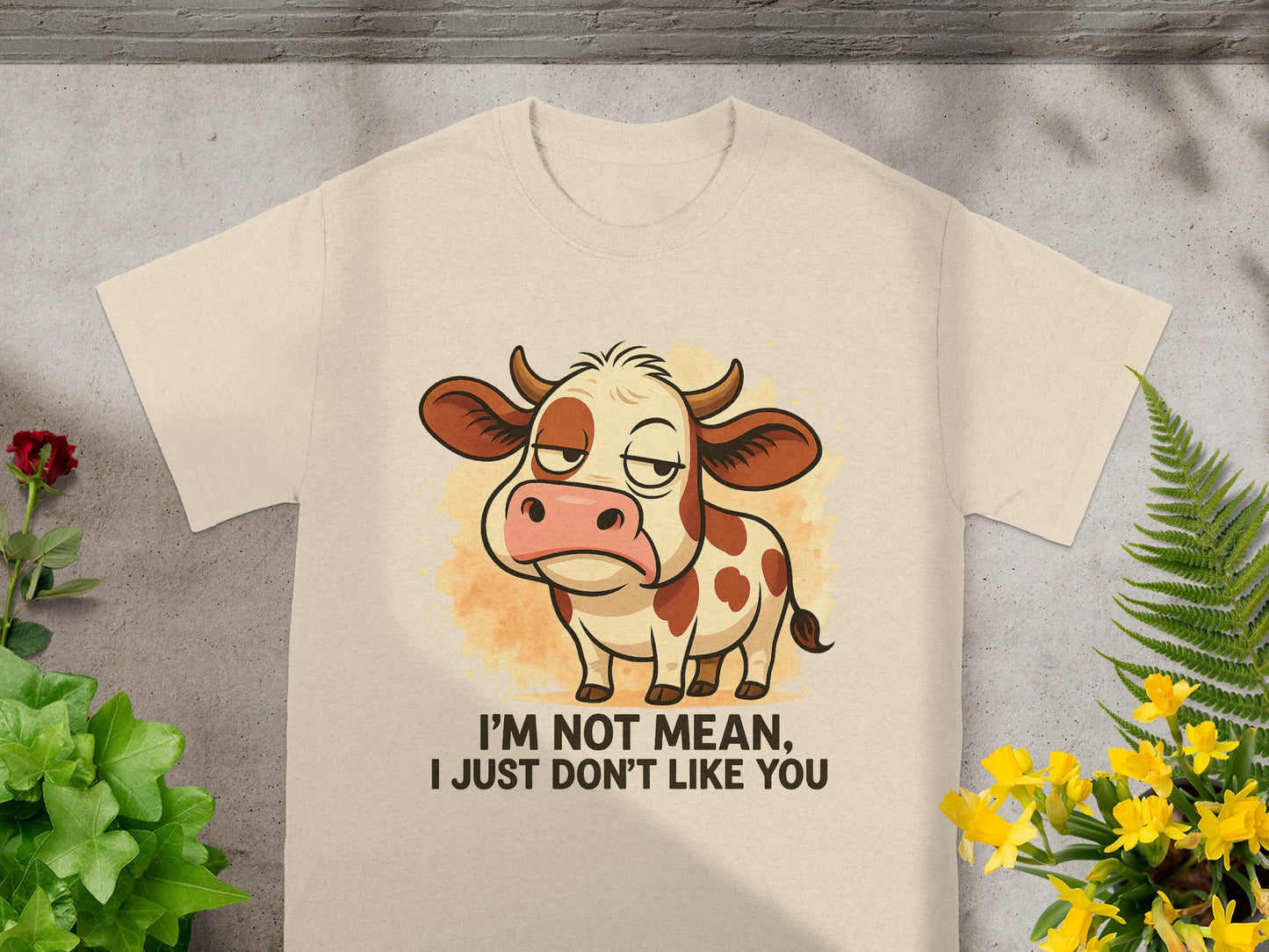 T-shirt with cartoon cow and text "I'M NOT MEAN, I JUST DON'T LIKE YOU".