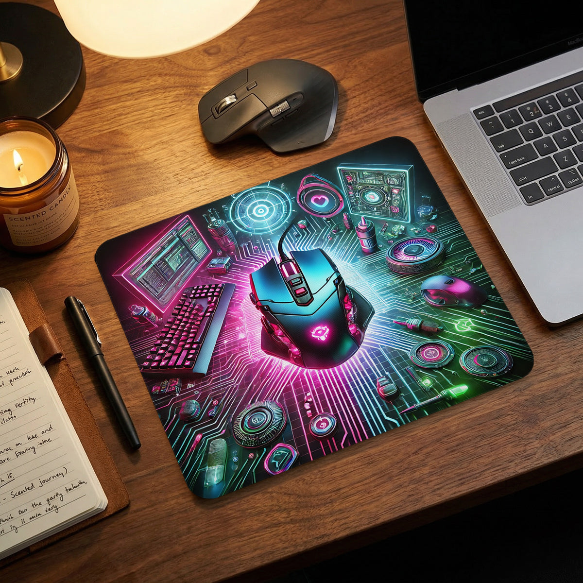A rectangular mouse pad with a glowing cyberpunk computer graphic, positioned on a wooden desk.