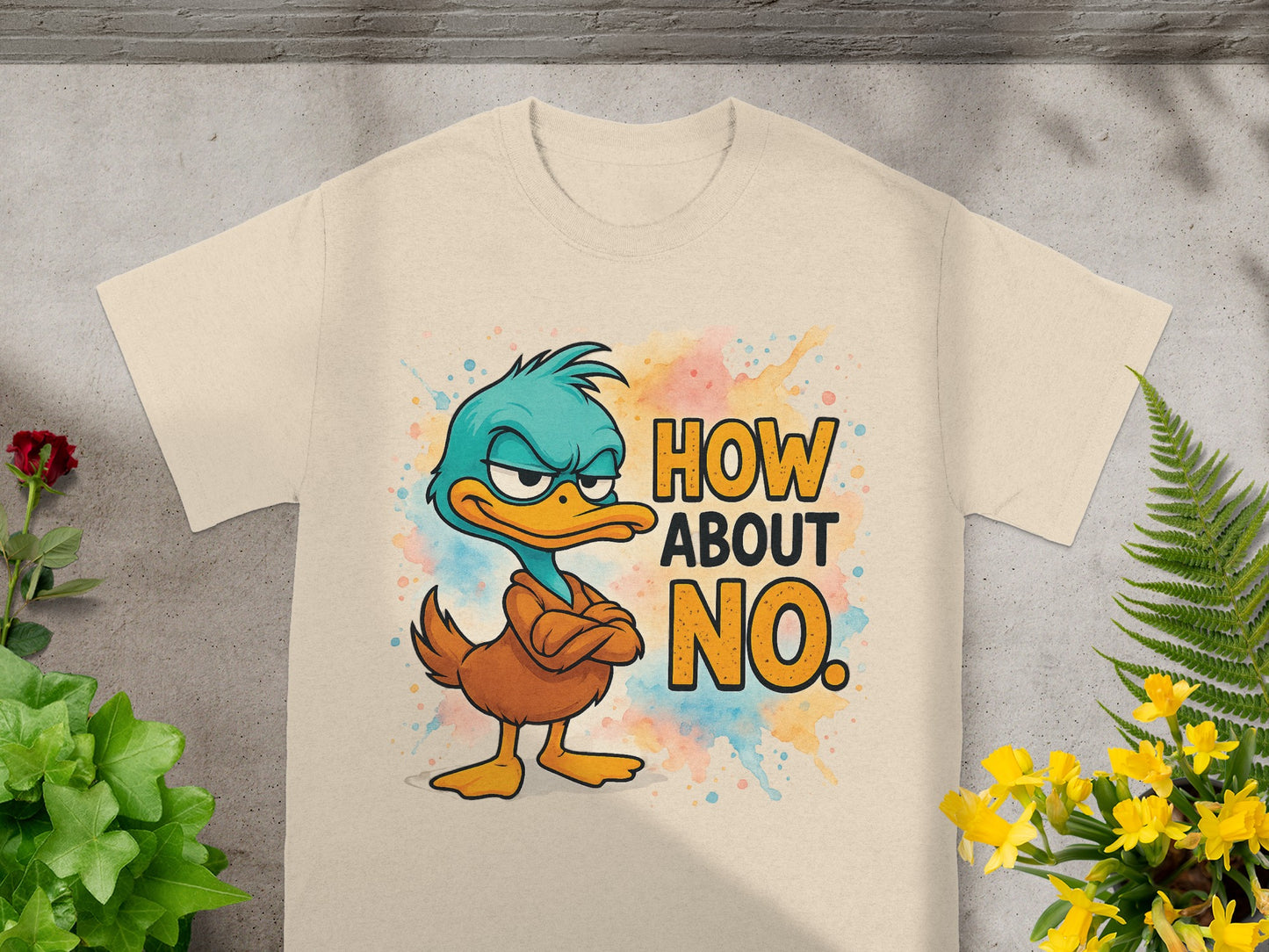 T-shirt with cartoon duck graphic and "How About NO." text.