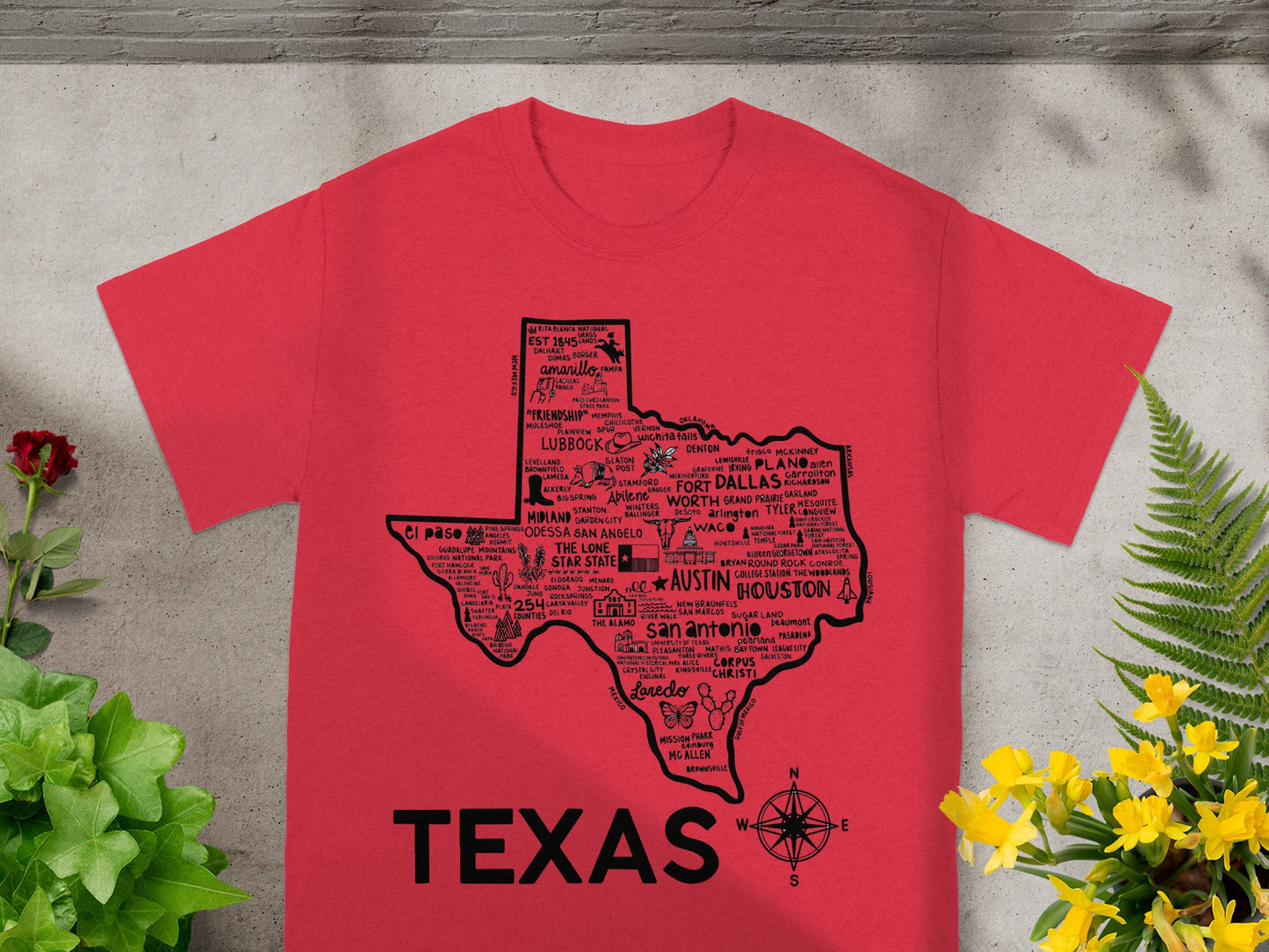 Texas Map Design Red T-Shirt with Cities and Landmarks