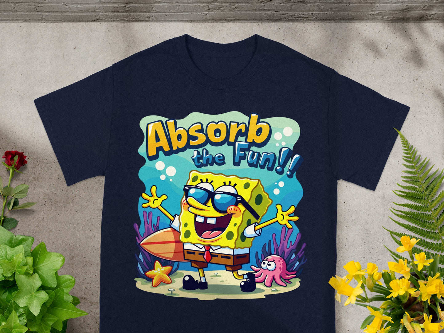 SpongeBob SquarePants graphic tee with "Absorb the Fun!!" text.