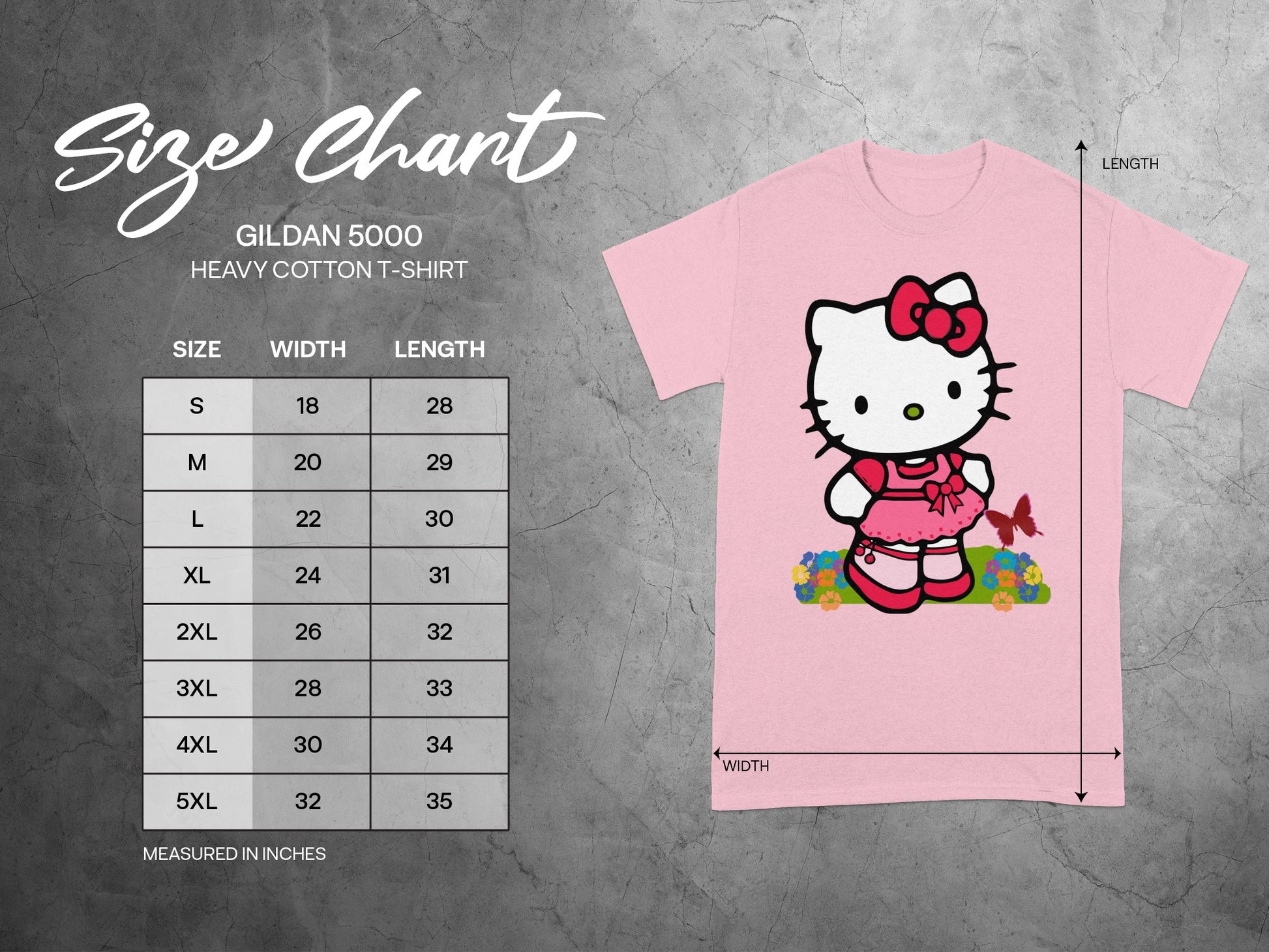 Gildan 5000 Hello Kitty Pink Size Chart T-SHIRT