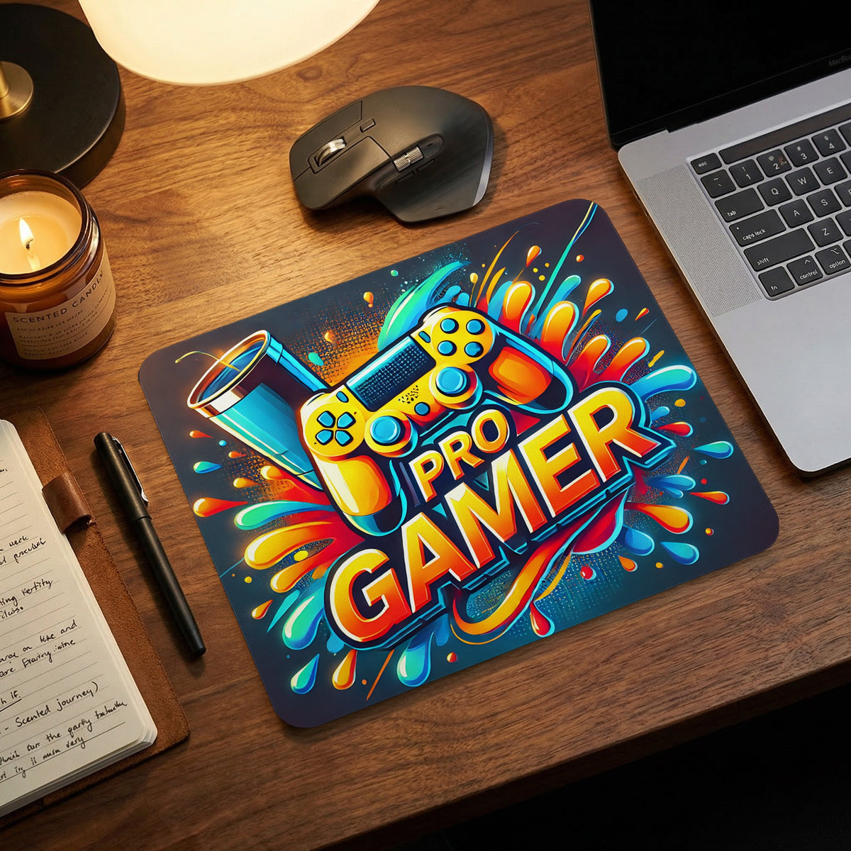 A rectangular mouse pad featuring a vibrant gaming graphic with a controller, drink, and Pro Gamer text.