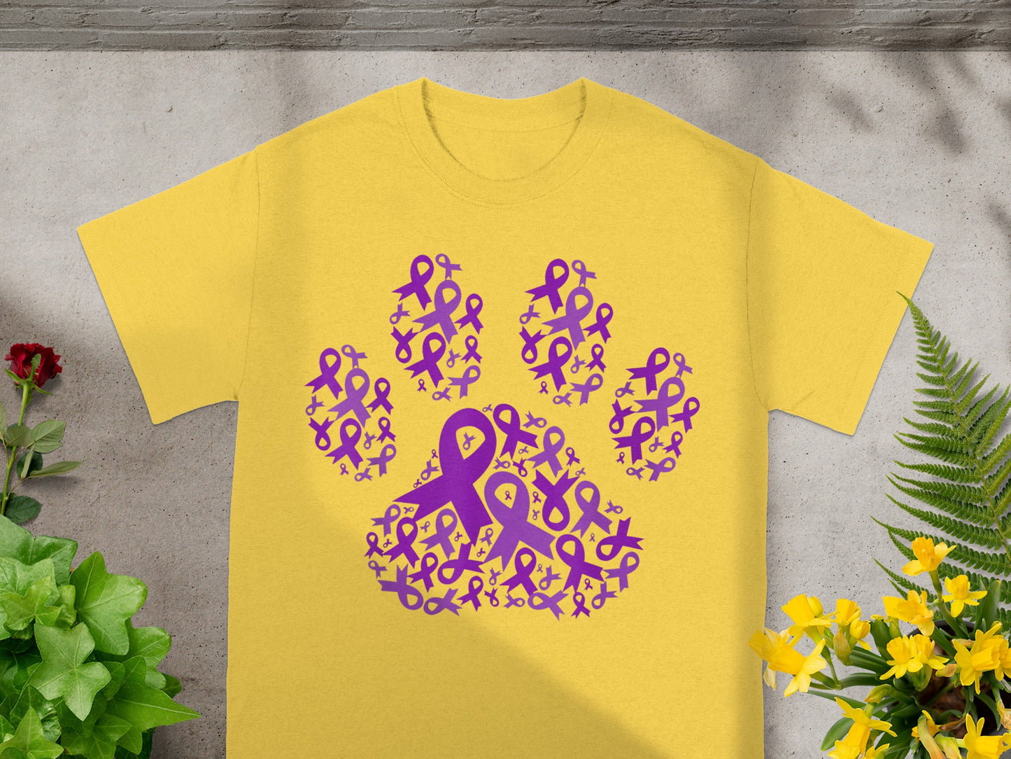 Yellow T-Shirt with Purple Ribbon Paw Print Design