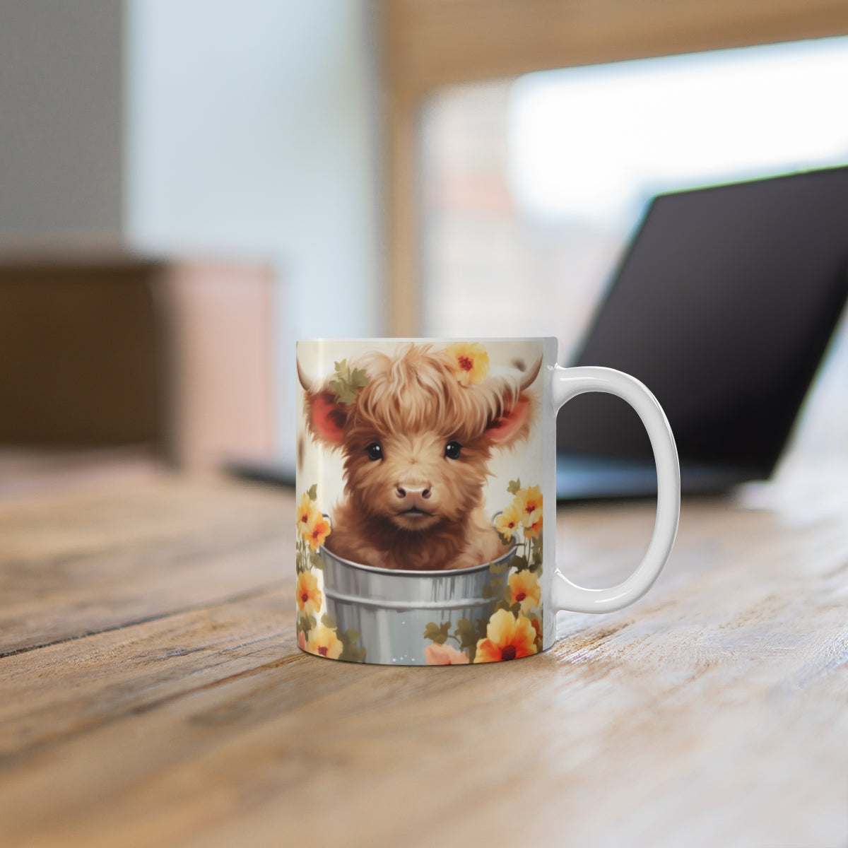 Adorable Highland Cow in Flower Bucket Design Mug